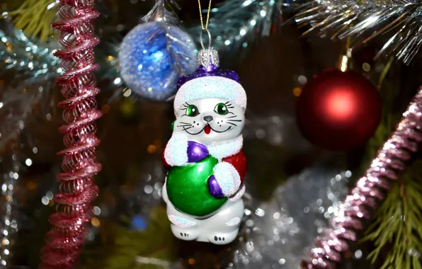 Picture cat, balls, decoration, branches, holiday, toy, Shine, tree