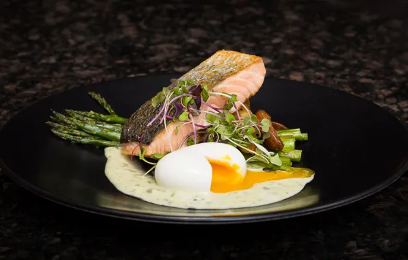 Egg, salad, salmon, asparagus