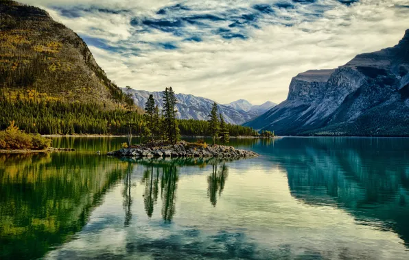 Picture autumn, trees, landscape, mountains, lake, island, Canada, Albert