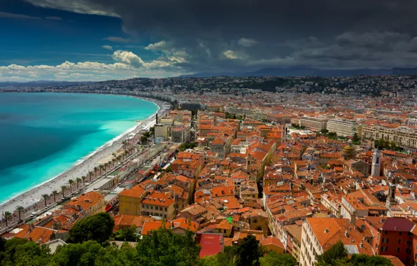 Roof, sea, the sky, mountains, clouds, the city, shore, France