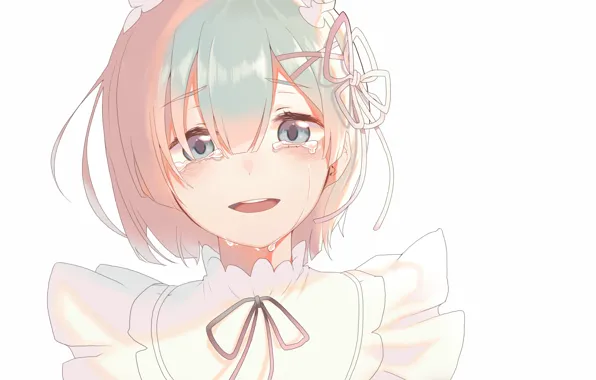 Face, tears, white background, bow, blue hair, bangs, ruffles, Re: Zero Kara Hajime Chip Isek …