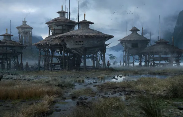 Mountains, people, residents, settlement, Settlement on the lake