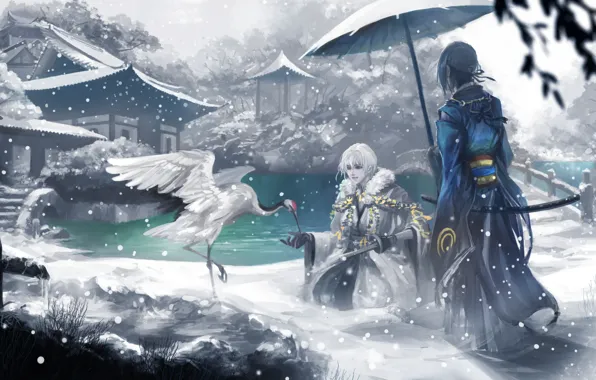 Winter, snow, home, art, stork, men, touken ranbu, tsurumaru kuninagas