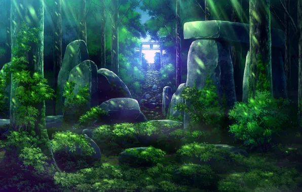 Picture forest, trees, landscape, nature, stones, anime, art, ladder