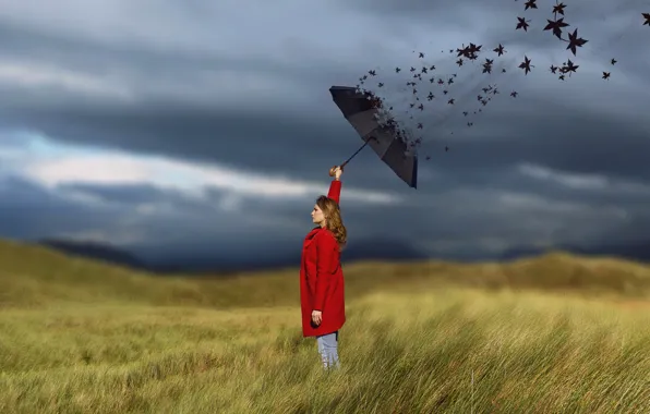 Picture field, girl, umbrella