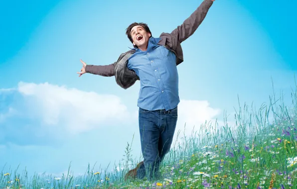 Picture 2008, Jim Carrey, Nature, Clouds, Sky, Grass, Blue, Flowers