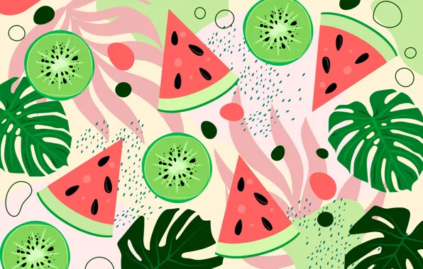 Leaves, texture, watermelon, kiwi, fruit, seeds, watermelons, monstera