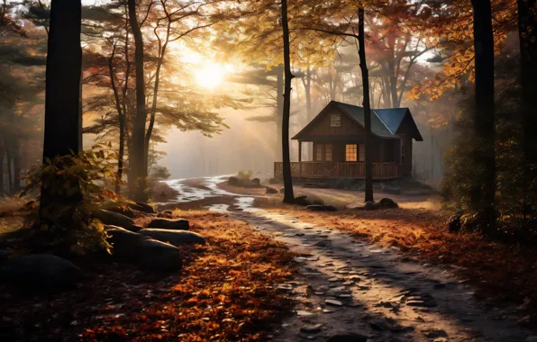 Autumn, forest, the sun, light, trees, fog, house, Park