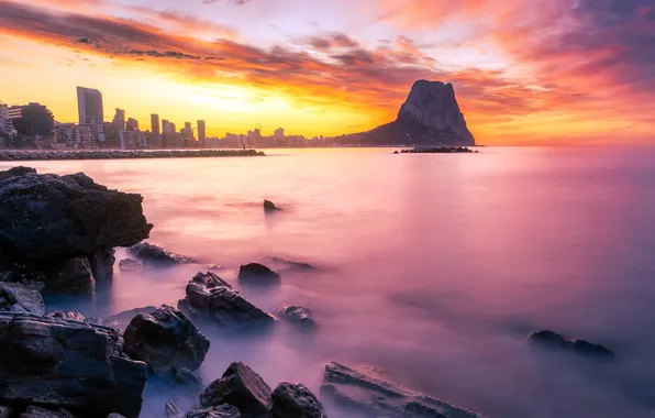 Sea, sunset, the city, shore, Valencia, Calpe