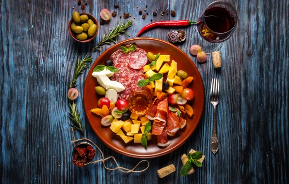 Picture wine, cheese, meat, vegetables, wood, sausage, cutting, bacon
