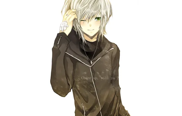 anime boy with white hair and green eyes