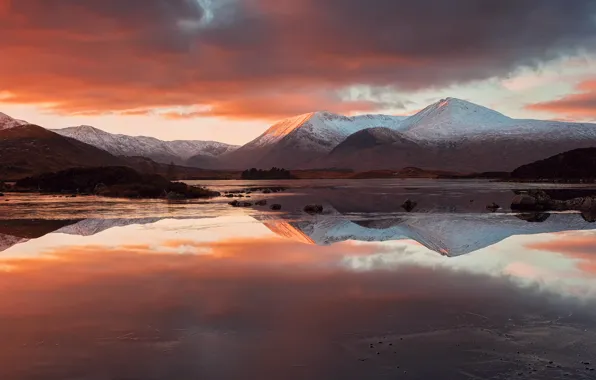 Clouds, reflection, mountains, lake, the evening, Scotland, Scottish highlands