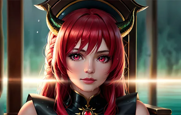 Picture portrait, beautiful girl, horns, red hair, pink eye, AI art, AI art, stable diffusion
