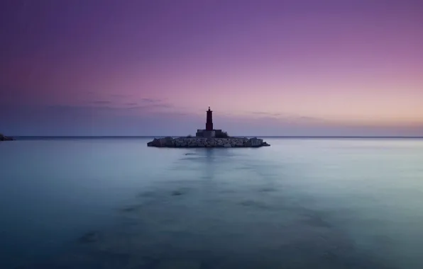 The sky, the ocean, lighthouse, Sea, the evening, calm, lilac