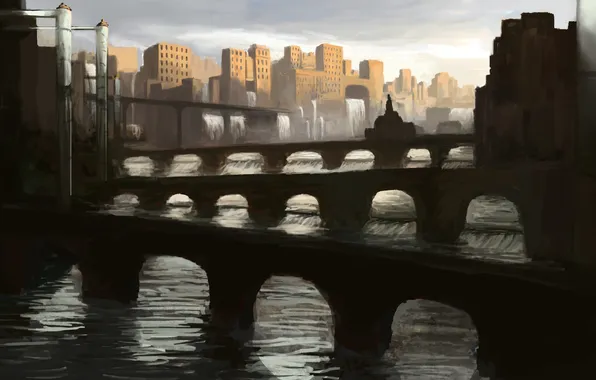 Picture water, bridge, the city, river, waterfall, art, arch