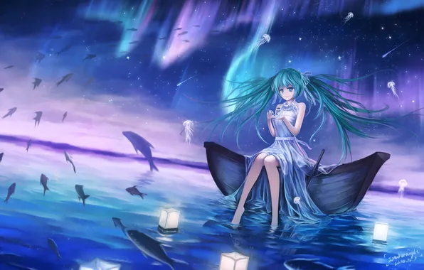Picture the sky, water, girl, stars, fish, night, boat, Northern lights