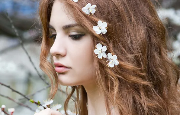 Picture look, girl, face, eyelashes, hair, lips, profile, flowers