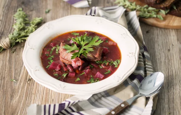 Plate, meat, soup