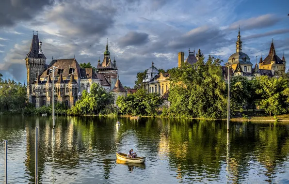 Picture trees, nature, lake, Park, people, castle, boat, Hungary