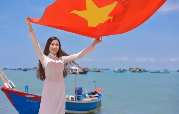Picture girl, face, smile, dress, flag, Vietnam