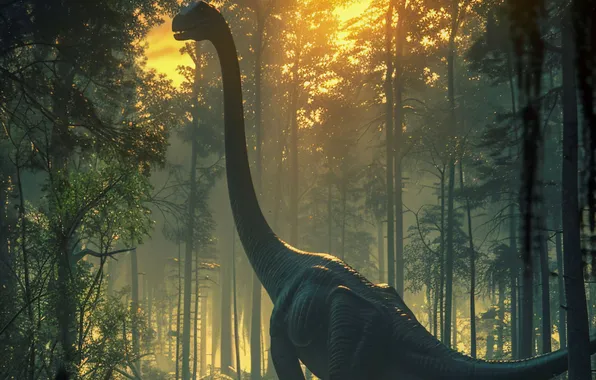 Water, Trees, Dawn, Dinosaur, River, Neck, Animal, Digital art