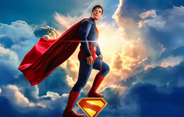 The sky, the sun, clouds, background, logo, costume, Superman, poster