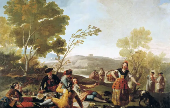 Picture trees, landscape, people, picture, Picnic, genre, Francisco Goya