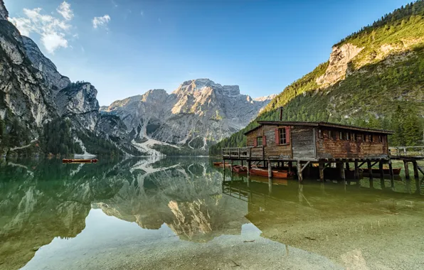 Mountains, lake, reflection, house