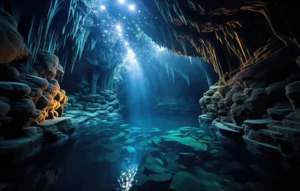 Light, lake, stones, rocks, cave, the grotto, AI art, neural network