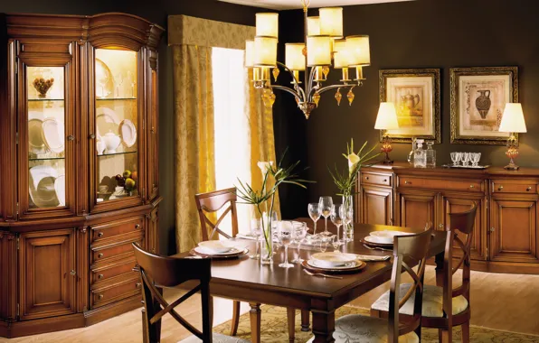 Table, furniture, interior, chandelier, pictures, dining room, serving