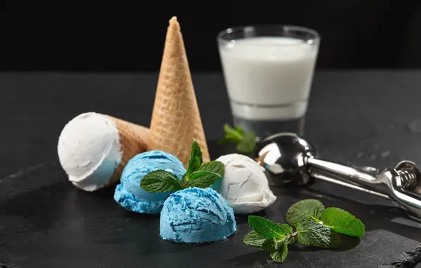 Balls, glass, milk, ice cream, mint, waffle cone