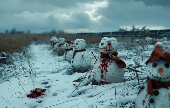 Snow, Christmas, Blood, New year, Digital art, Snowmen, AI art, The Art of Artificial Intelligence