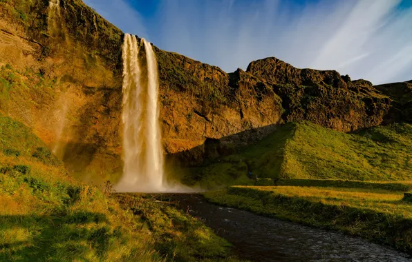 The sky, water, light, mountains, rocks, hills, waterfall, spring
