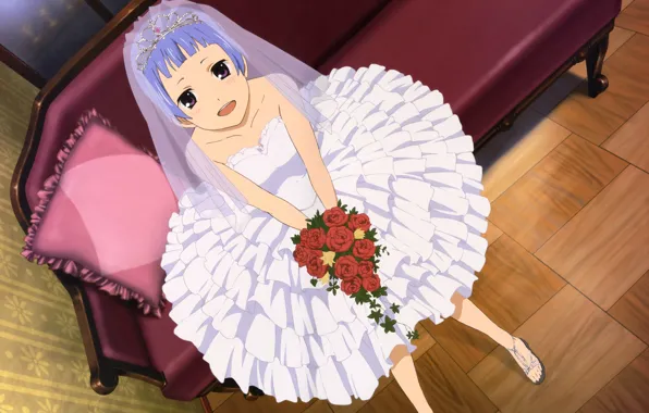 Joy, room, sofa, bouquet, the bride, Diadema, veil, art