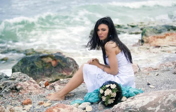 Wave, flowers, stones, shore, brunette