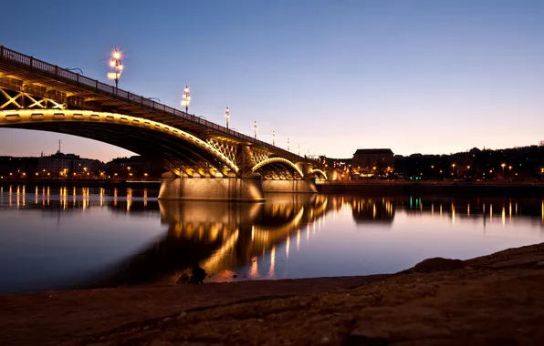 Light, the city, lights, reflection, river, shore, home, the evening