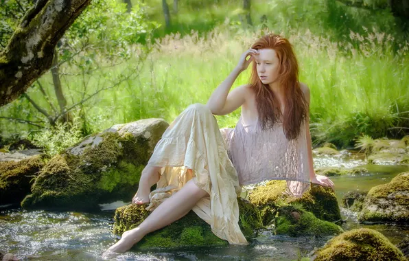 Summer, girl, stream