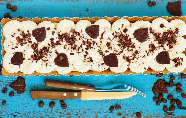 Picture chocolate, pie, knife, plug, cream, coffee beans, cakes