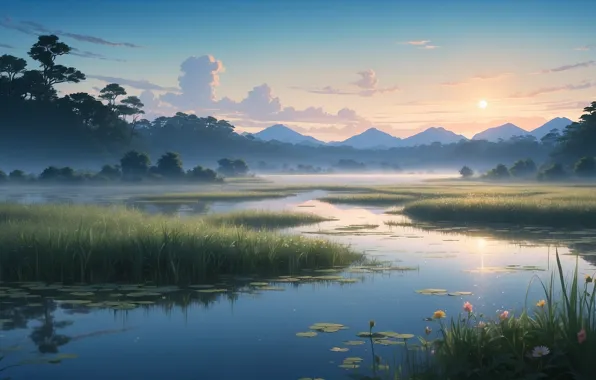 Sky, trees, landscape, nature, anime, flowers, mountains, clouds