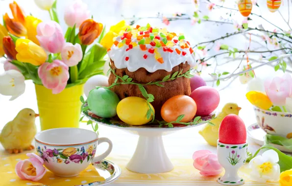 Picture flowers, eggs, spring, colorful, Easter, tulips, cake, cake