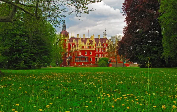 Greens, grass, clouds, trees, flowers, castle, Germany, dandelions