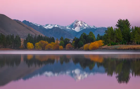 Autumn, forest, snow, mountains, reflection, shore, the slopes, tops