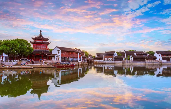 Trees, nature, river, home, village, China, Temple