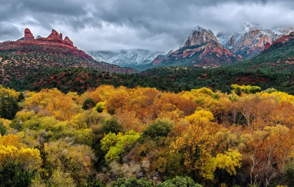 Picture autumn, the sky, trees, mountains, clouds, rocks, AZ, USA