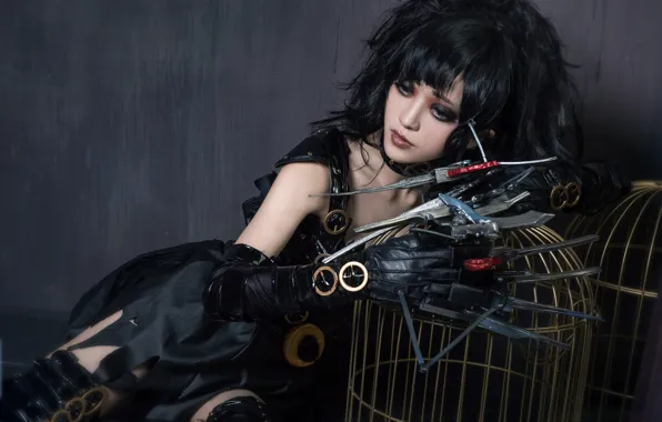 Look, girl, face, pose, style, the dark background, weapons, background