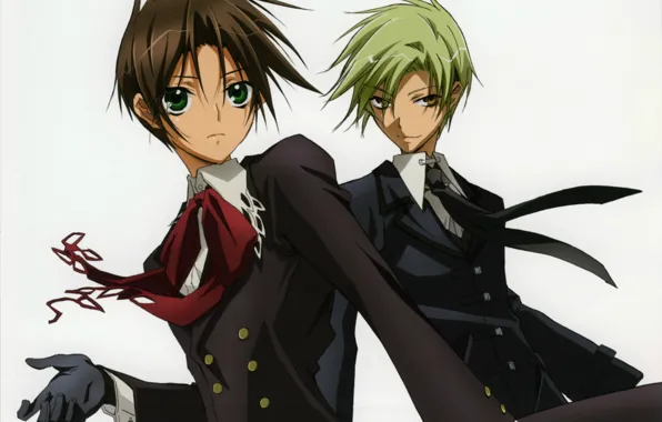 Tie, guy, grey background, two, coat, green eyes, 07-Ghost, art, Yuki Mamiya