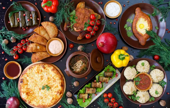 Eggplant, meat, tomatoes, cuts, cilantro, dolma, khinkali, khachapuri