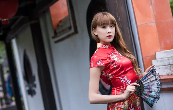 Look, face, background, hair, dress, fan, Asian, cutie