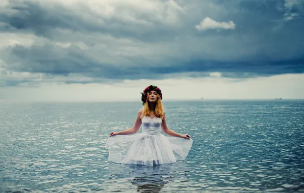 Sea, girl, clouds, berries, dress, wreath