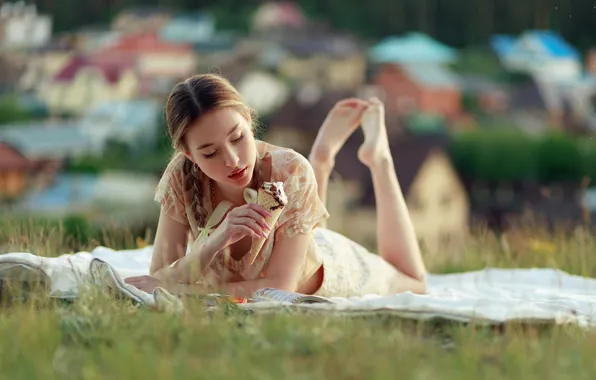 Picture summer, girl, pose, ice cream, book, nature, Evgeny Bulatov, Julia Selivanova